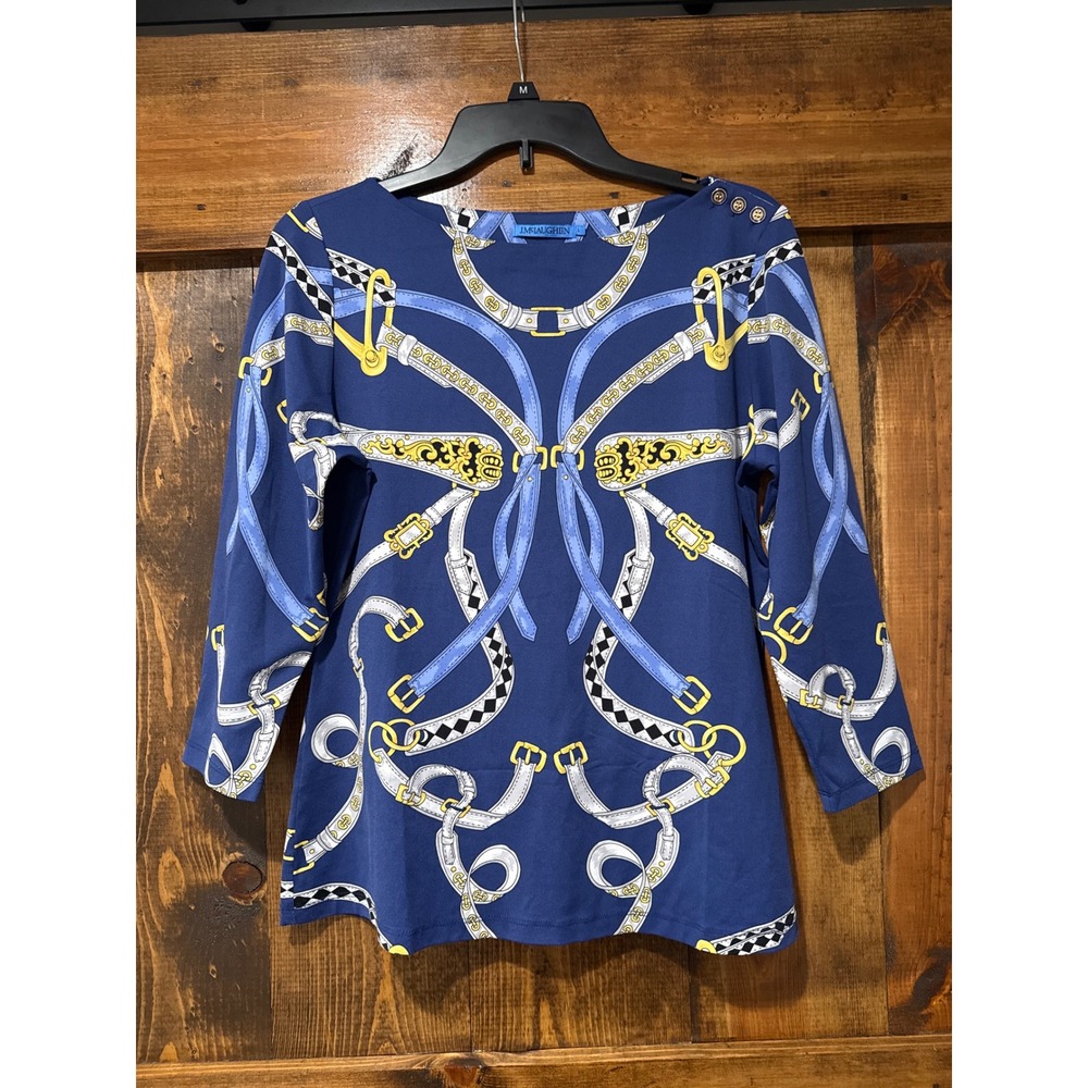 J.McLaughlin Catalina Cloth Top Blue Equestrian Belt Print Boatneck Size L